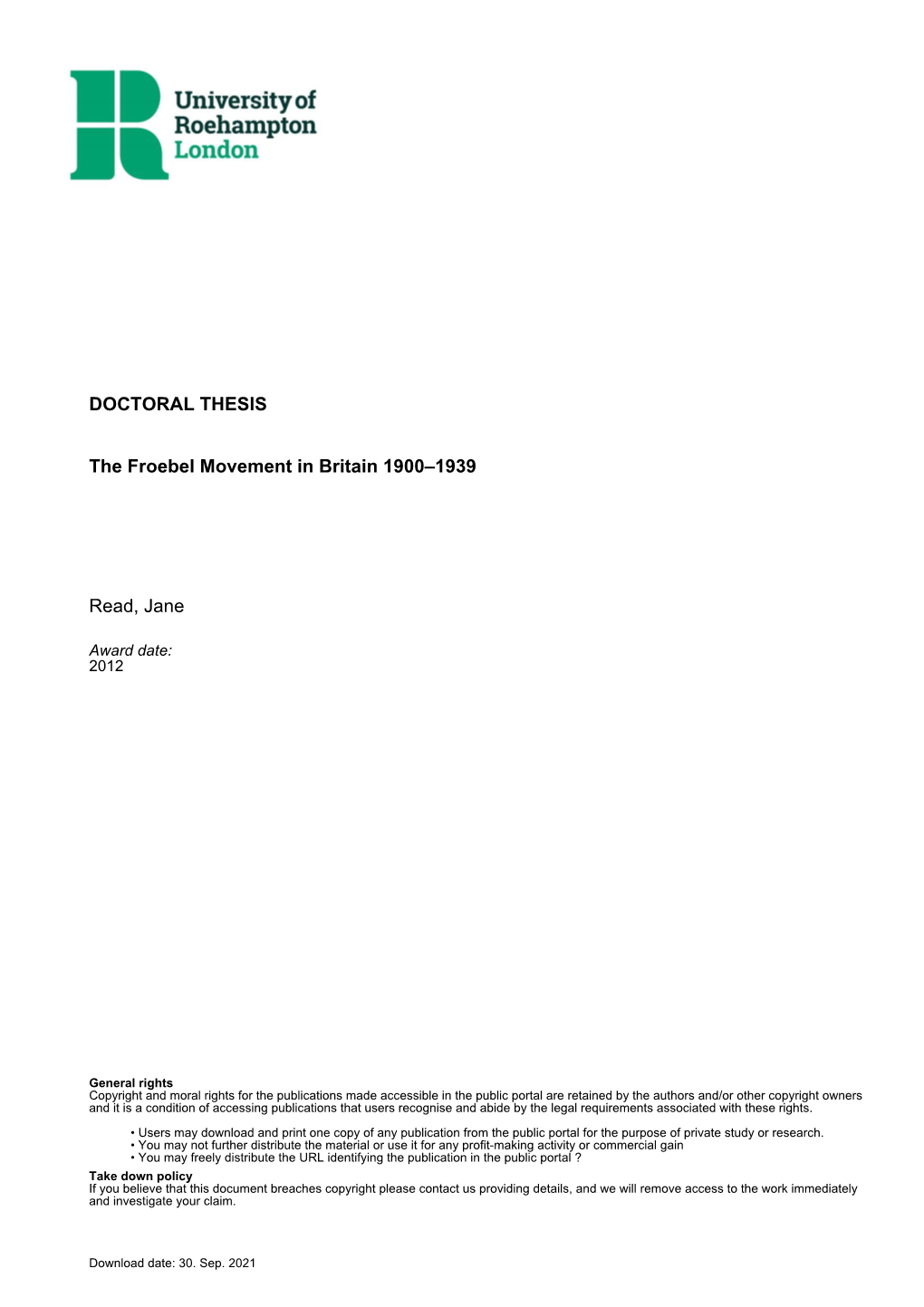 DOCTORAL THESIS the Froebel Movement in Britain 1900–1939