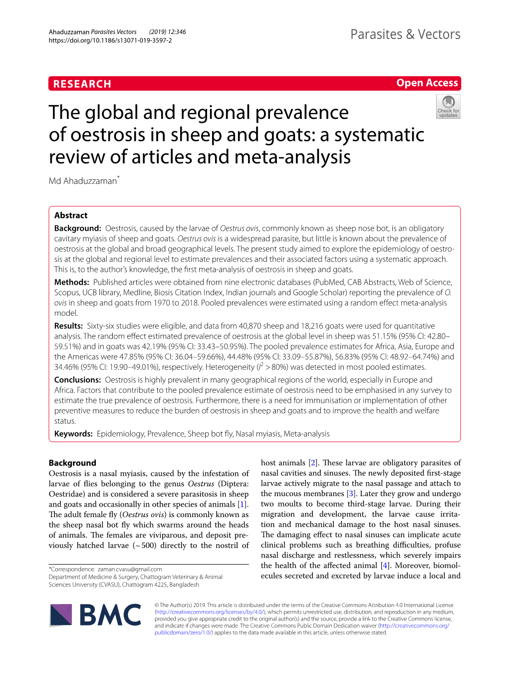 The Global and Regional Prevalence of Oestrosis in Sheep and Goats: a Systematic Review of Articles and Meta‑Analysis Md Ahaduzzaman*