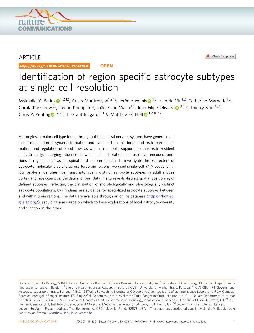 Identification of Region-Specific Astrocyte Subtypes at Single Cell