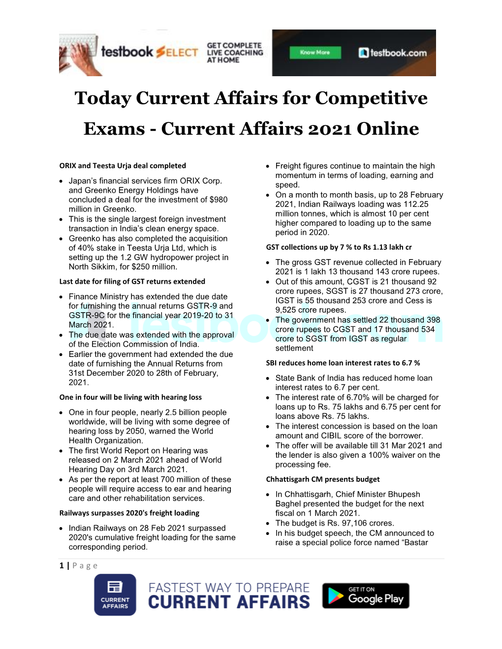 Today Current Affairs for Competitive Exams - Current Affairs 2021 Online