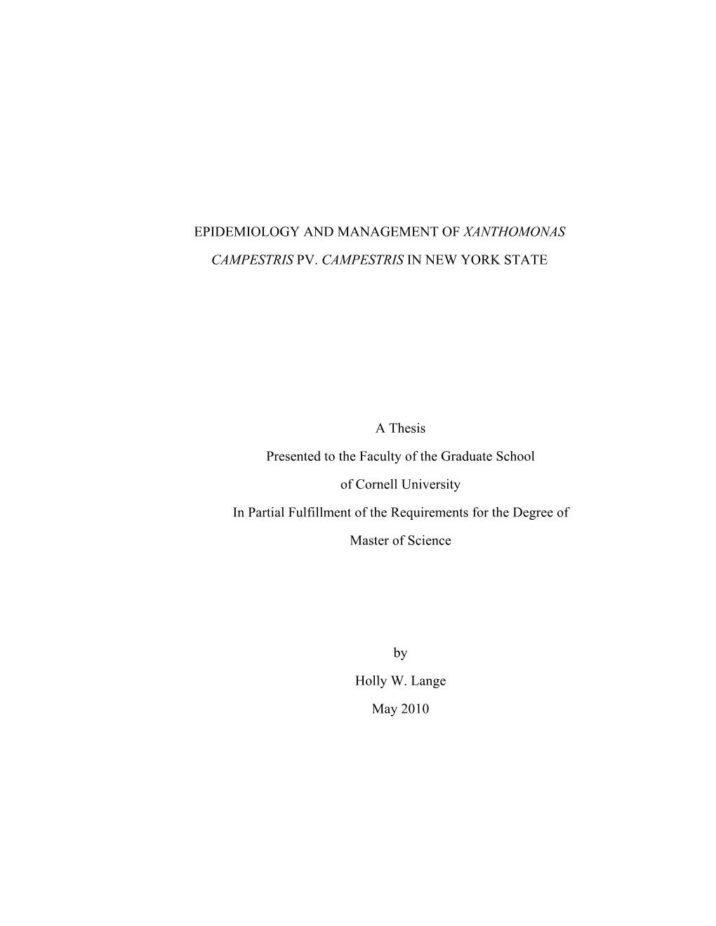 Epidemiology and Management of Xanthomonas Campestris Pv