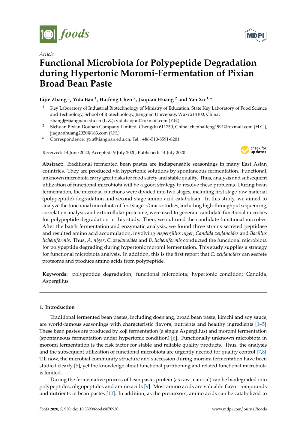 Functional Microbiota for Polypeptide Degradation During Hypertonic Moromi-Fermentation of Pixian Broad Bean Paste