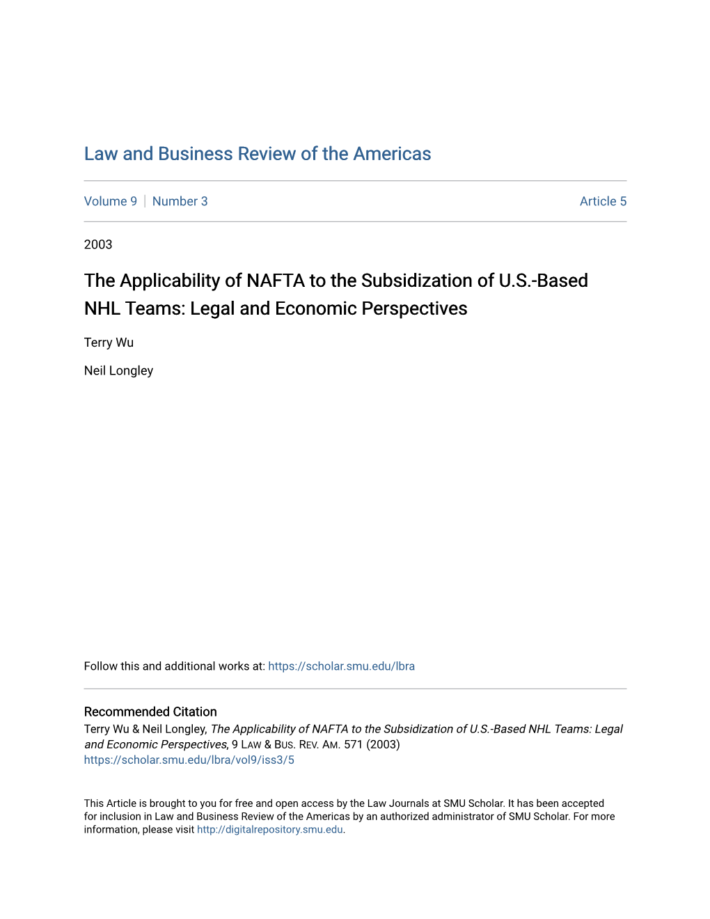 The Applicability of NAFTA to the Subsidization of U.S.-Based NHL Teams: Legal and Economic Perspectives