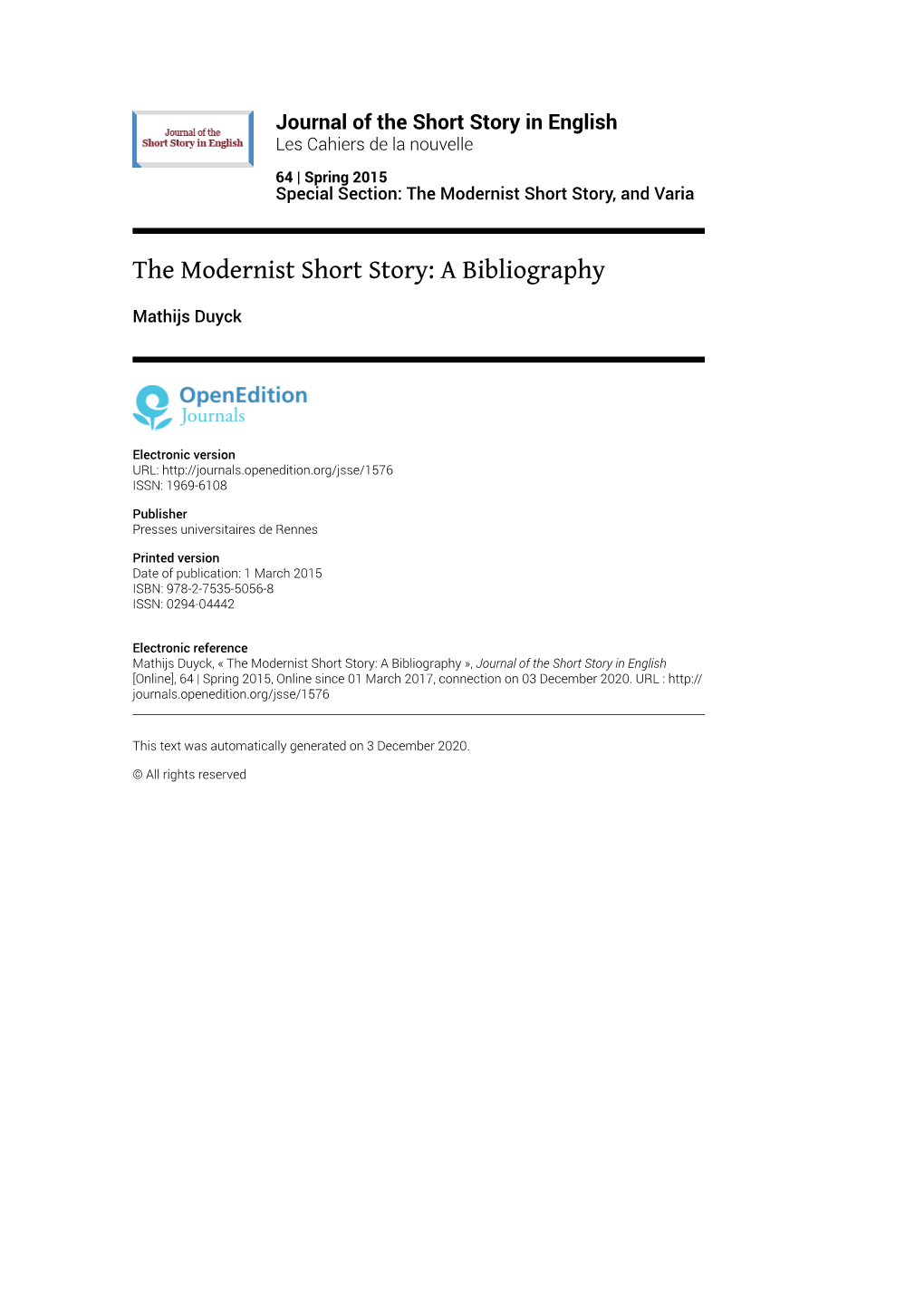 Journal of the Short Story in English, 64 | Spring 2015 the Modernist Short Story: a Bibliography 2