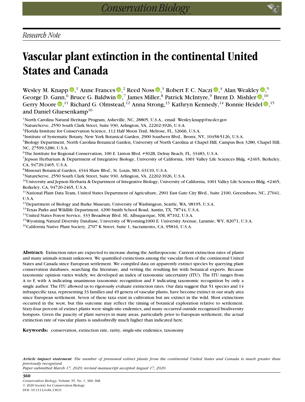 Vascular Plant Extinction in the Continental United States and Canada