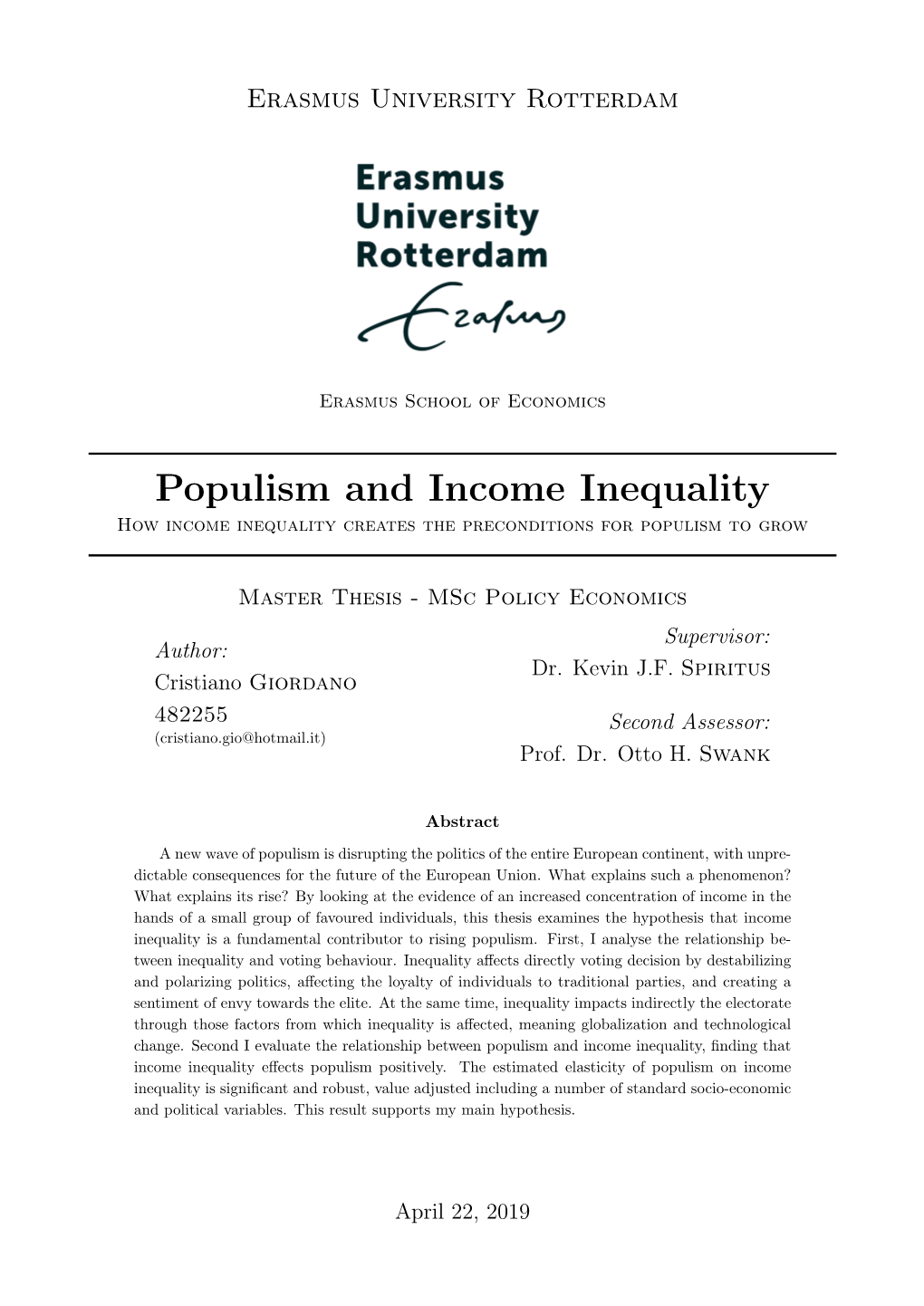 Populism and Income Inequality How Income Inequality Creates the Preconditions for Populism to Grow