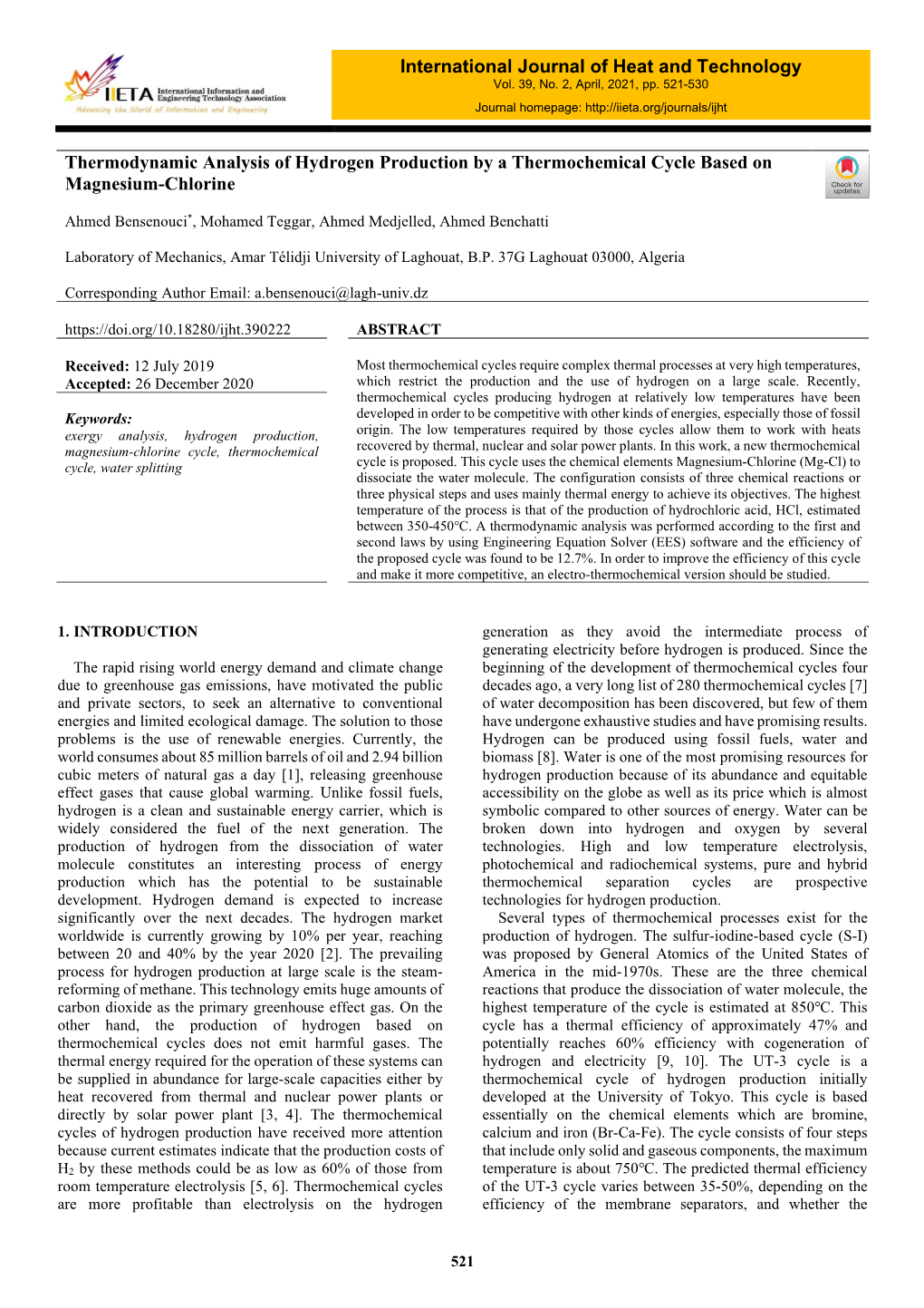 Thermodynamic Analysis of Hydrogen Production by a Thermochemical Cycle Based on Magnesium-Chlorine