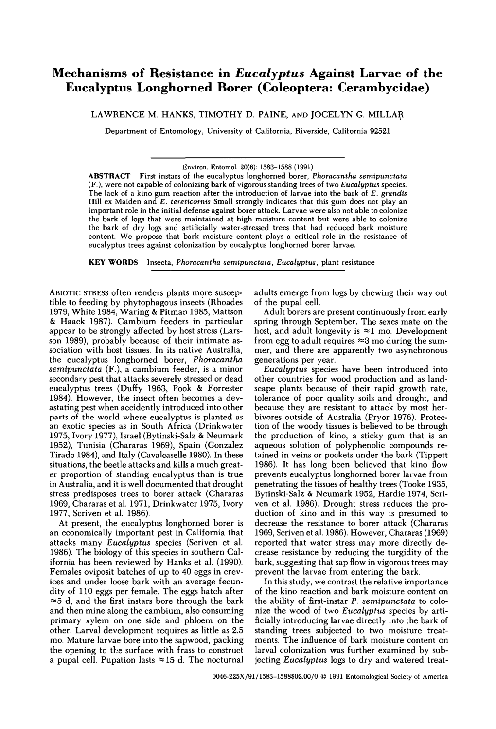 Mechanisms of Resistance in Eucalyptus Against Larvae of the Eucalyptus Longhorned Borer (Coleoptera: Cerambycidae)