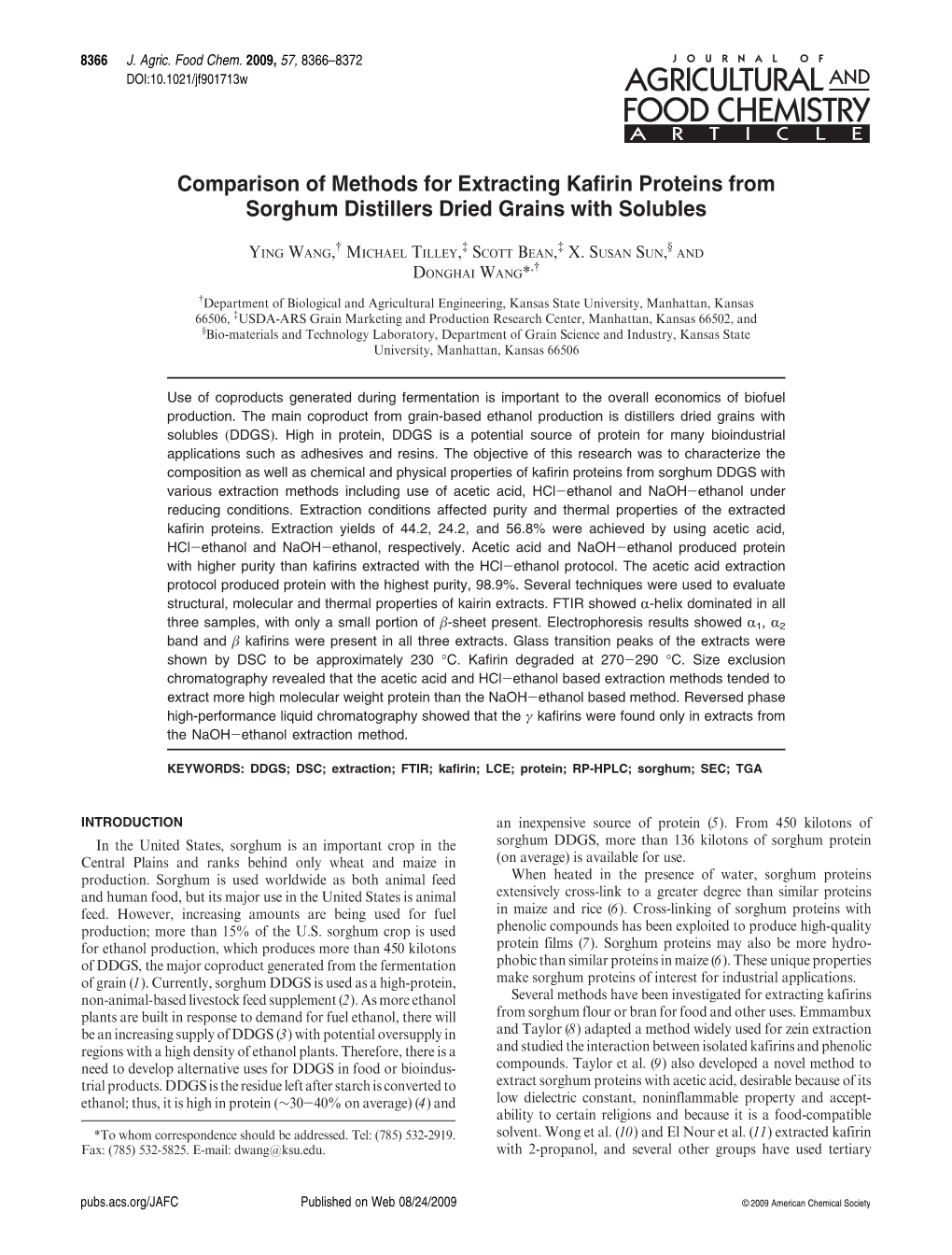 Comparison of Methods for Extracting Kafirin Proteins from Sorghum Distillers Dried Grains with Solubles