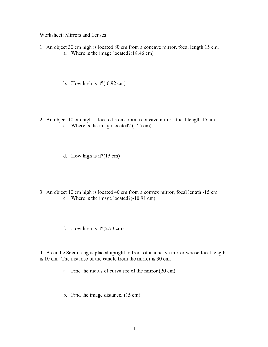 Worksheet: Mirrors and Lenses