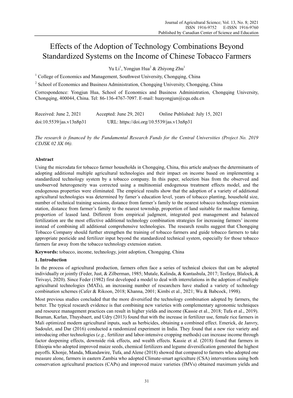 Effects of the Adoption of Technology Combinations Beyond Standardized Systems on the Income of Chinese Tobacco Farmers