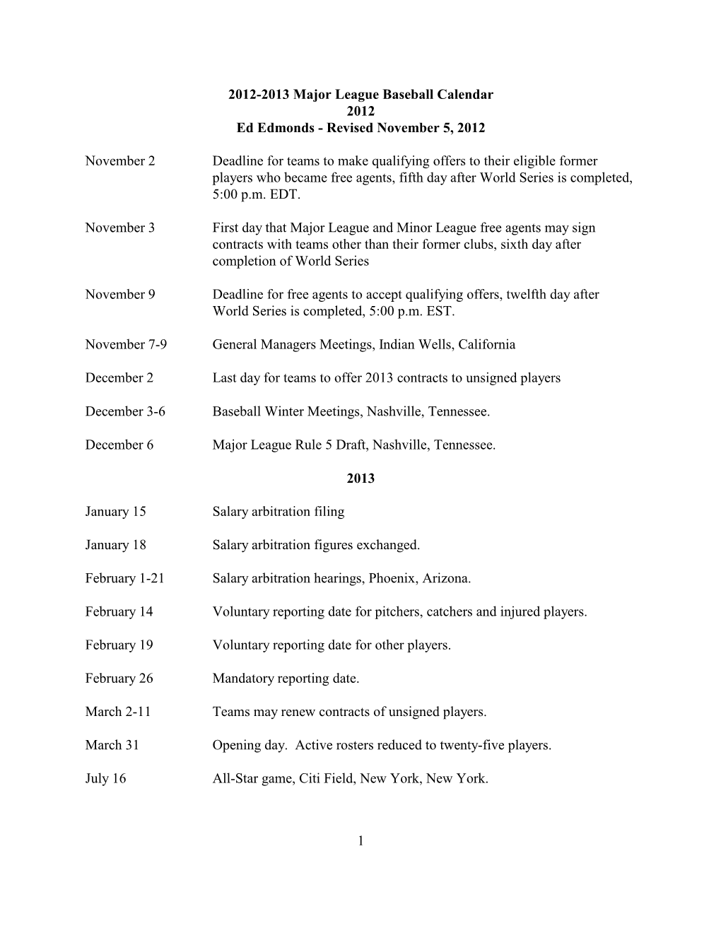 2012-2013 Major League Baseball Calendar 2012 Ed Edmonds - Revised November 5, 2012