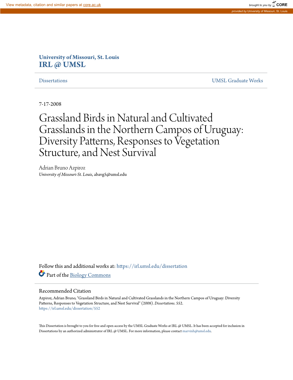 Grassland Birds in Natural and Cultivated Grasslands in the Northern Campos of Uruguay