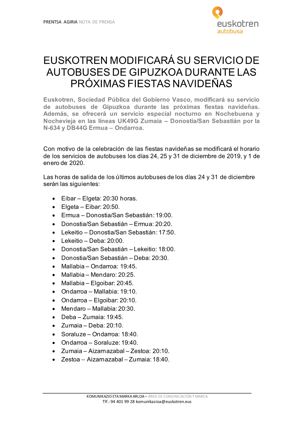 Euskotren Modificará Su Servicio De Autobuses De Gipuzkoa Durante Las Próximas Fiestas Navideñas