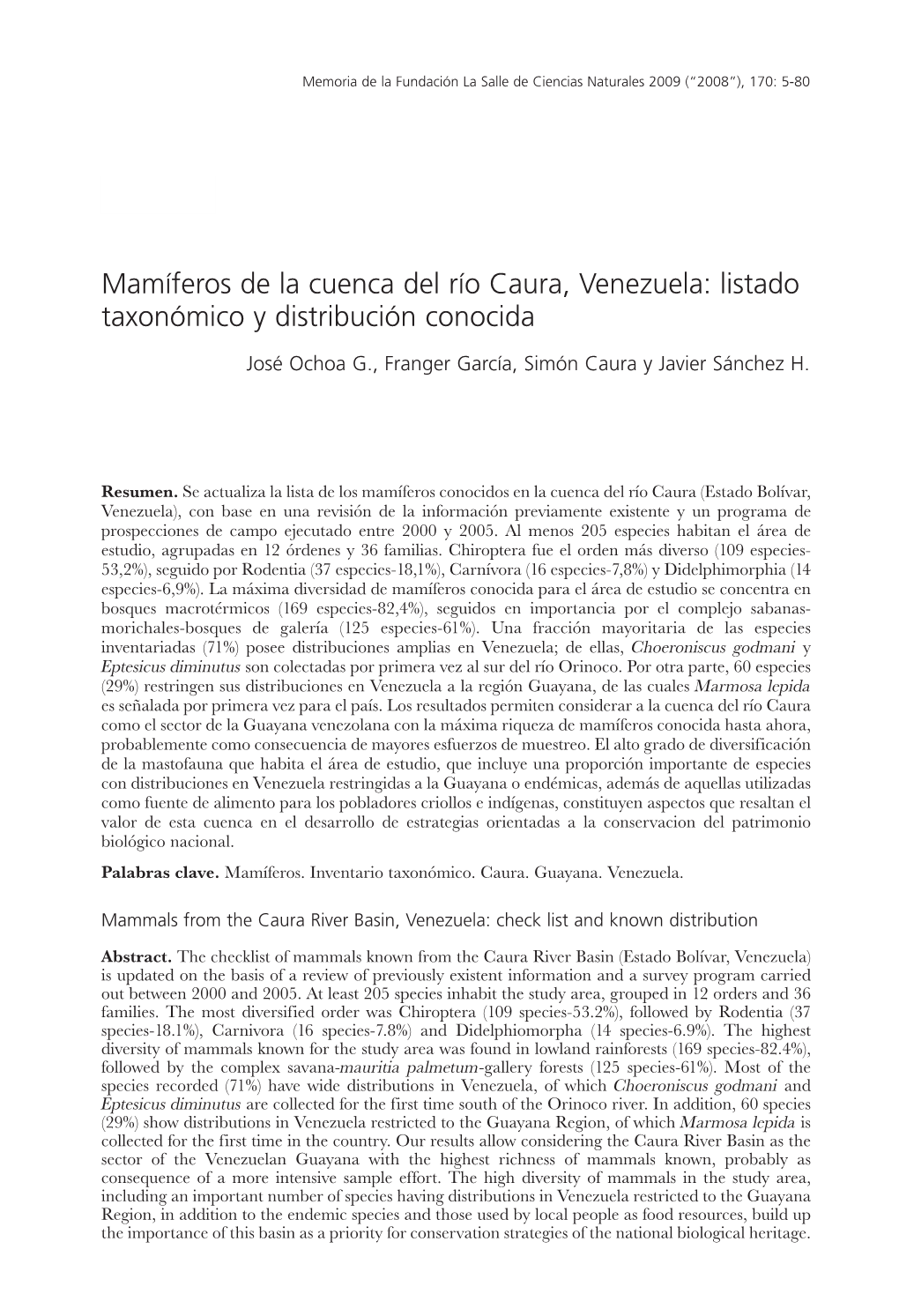 Mamíferos De La Cuenca Del Río Caura, Venezuela: Listado Taxonómico Y Distribución Conocida