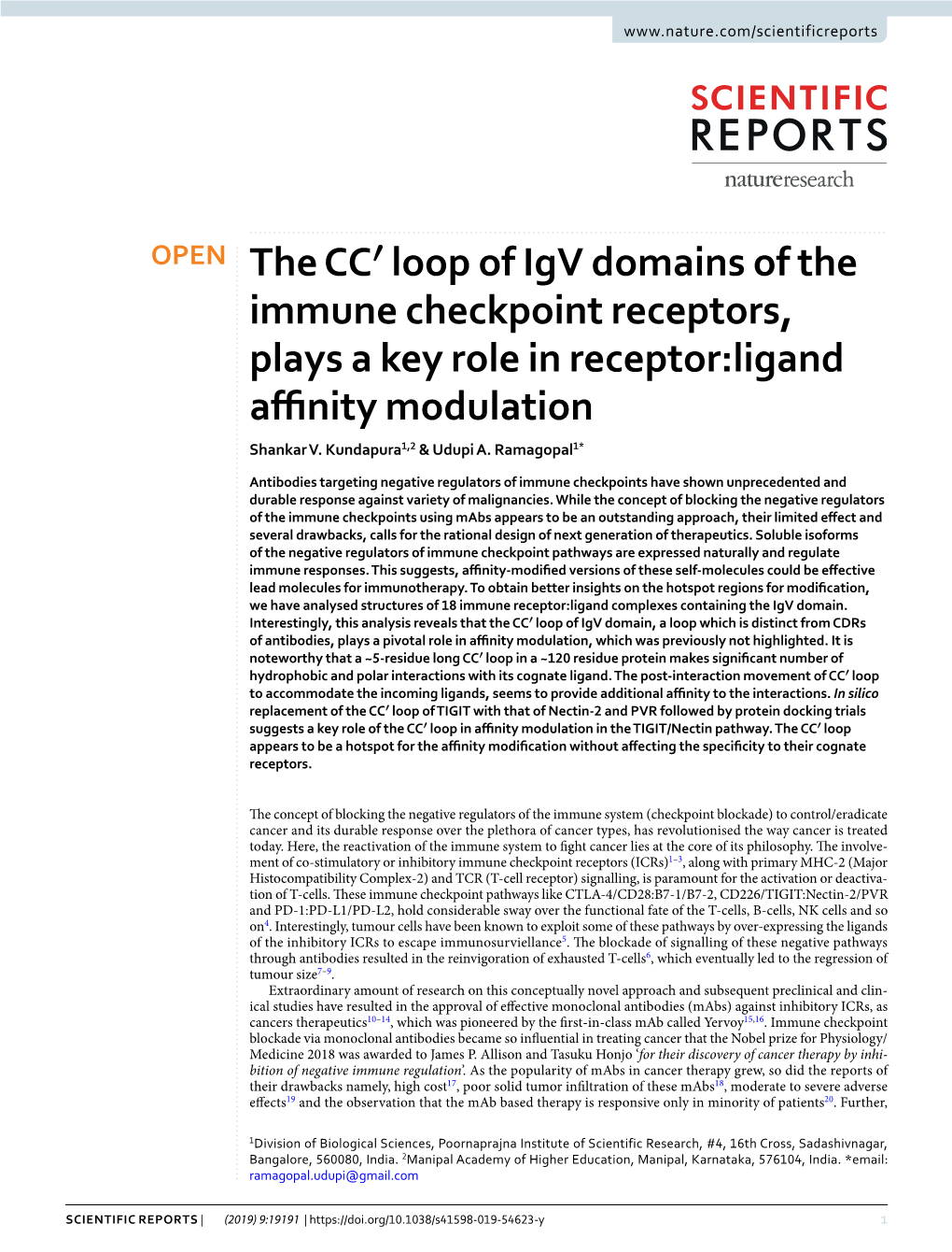 Loop of Igv Domains of the Immune Checkpoint Receptors, Plays a Key Role in Receptor:Ligand Affinity Modulation
