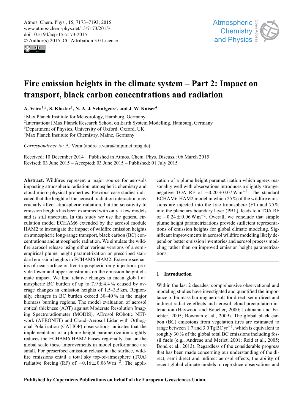 Fire Emission Heights in the Climate System – Part 2: Impact on Transport, Black Carbon Concentrations and Radiation