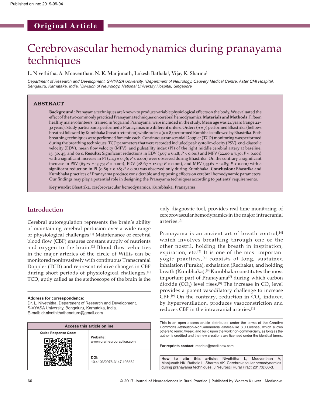 Cerebrovascular Hemodynamics During Pranayama Techniques L