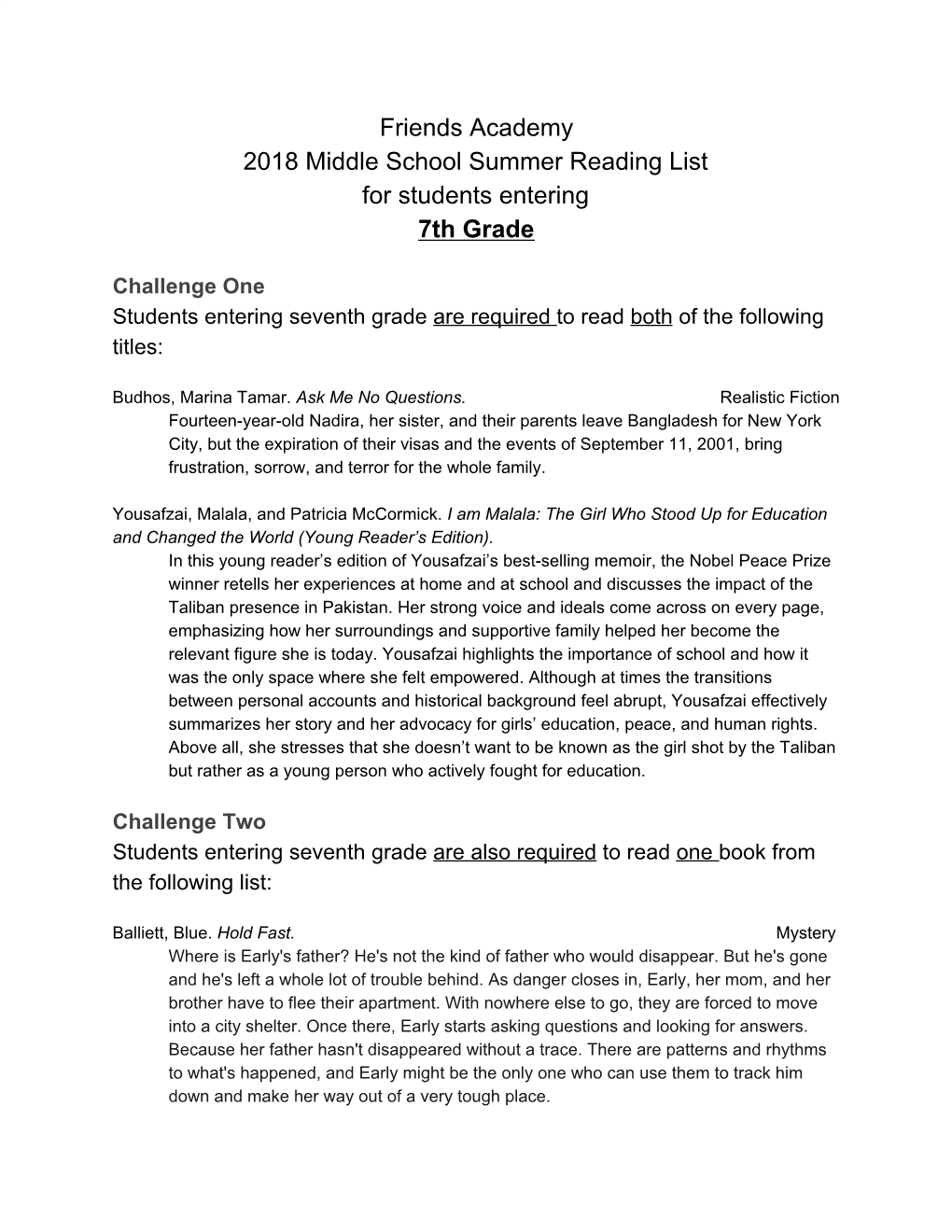 Friends Academy 2018 Middle School Summer Reading List for Students Entering 7Th Grade
