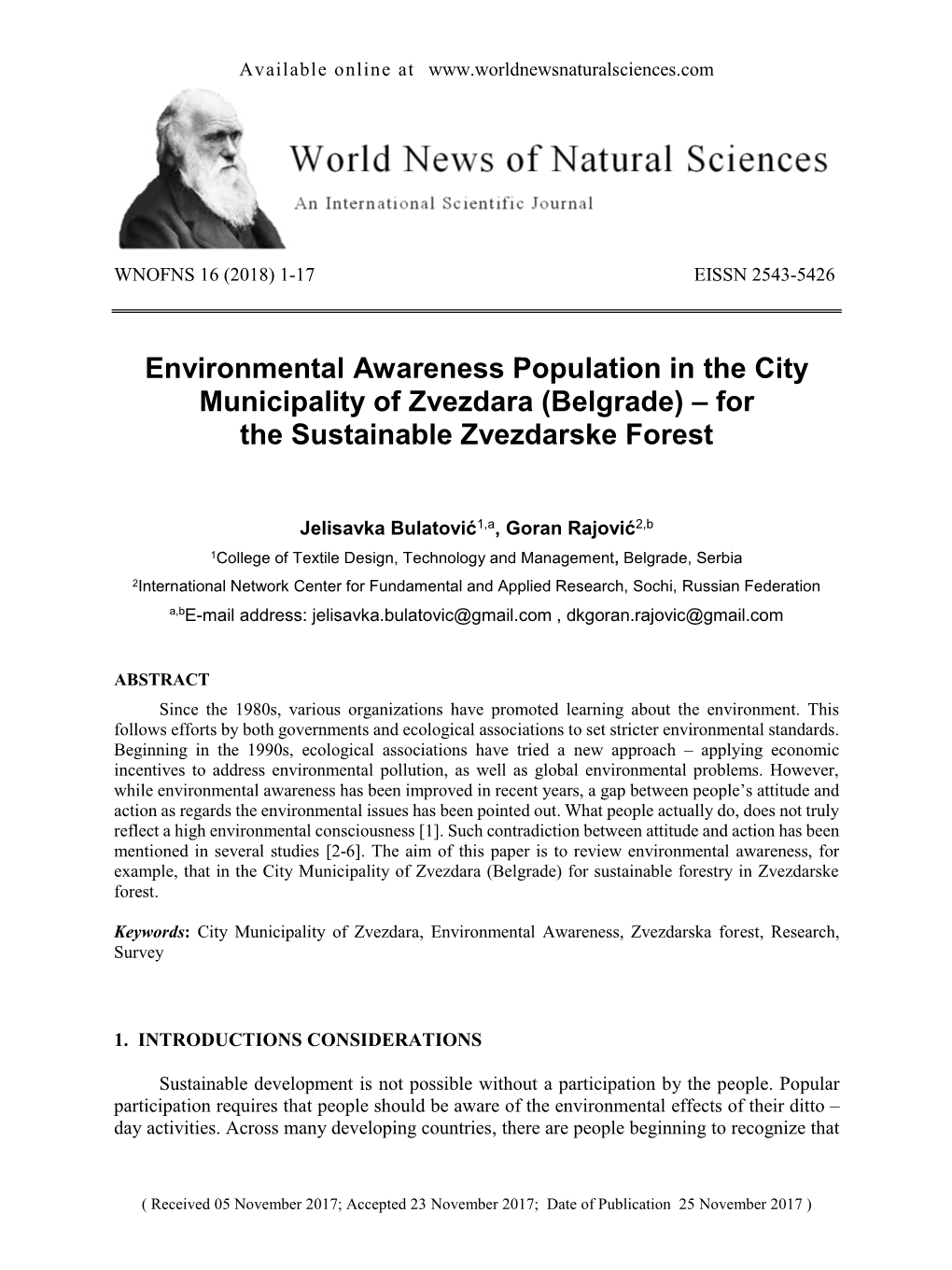 Environmental Awareness Population in City Municipality of Zvezdara