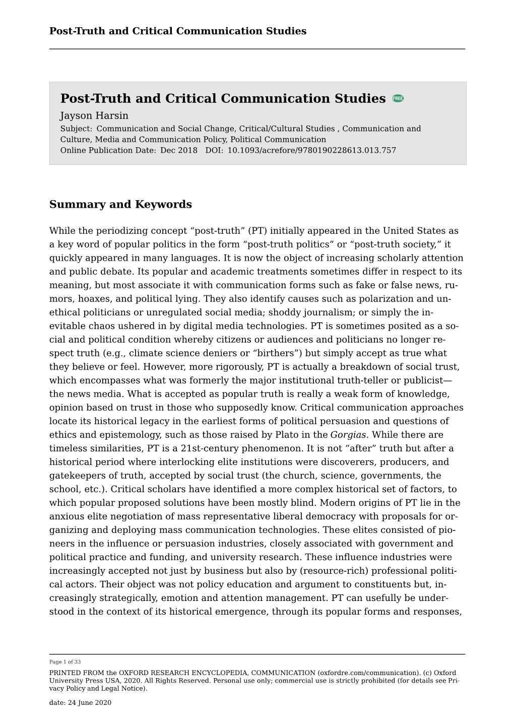 Post-Truth and Critical Communication Studies