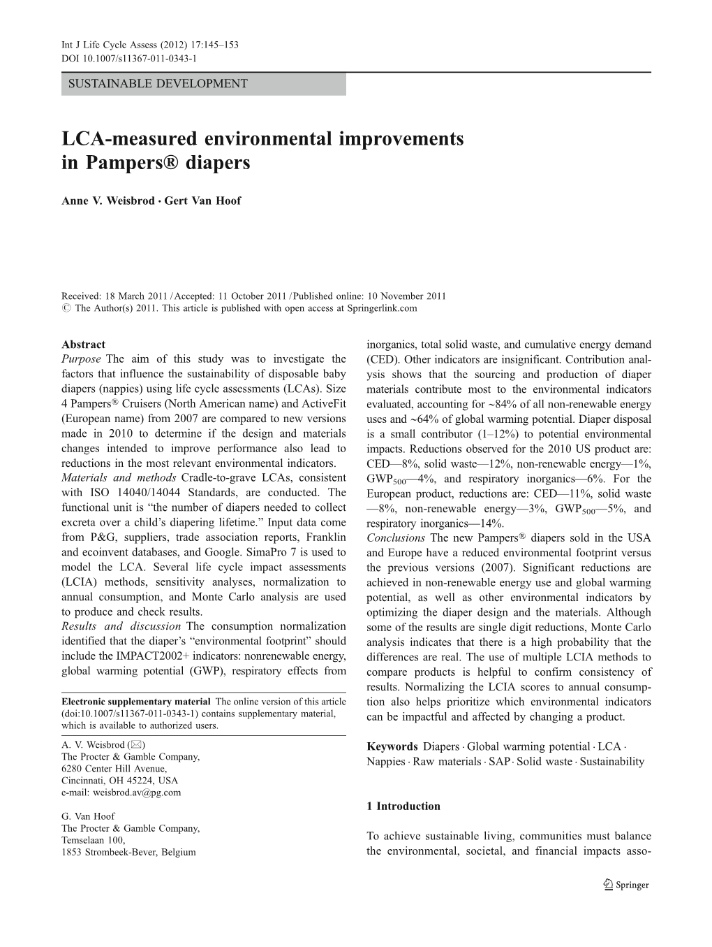 LCA-Measured Environmental Improvements in Pampers® Diapers