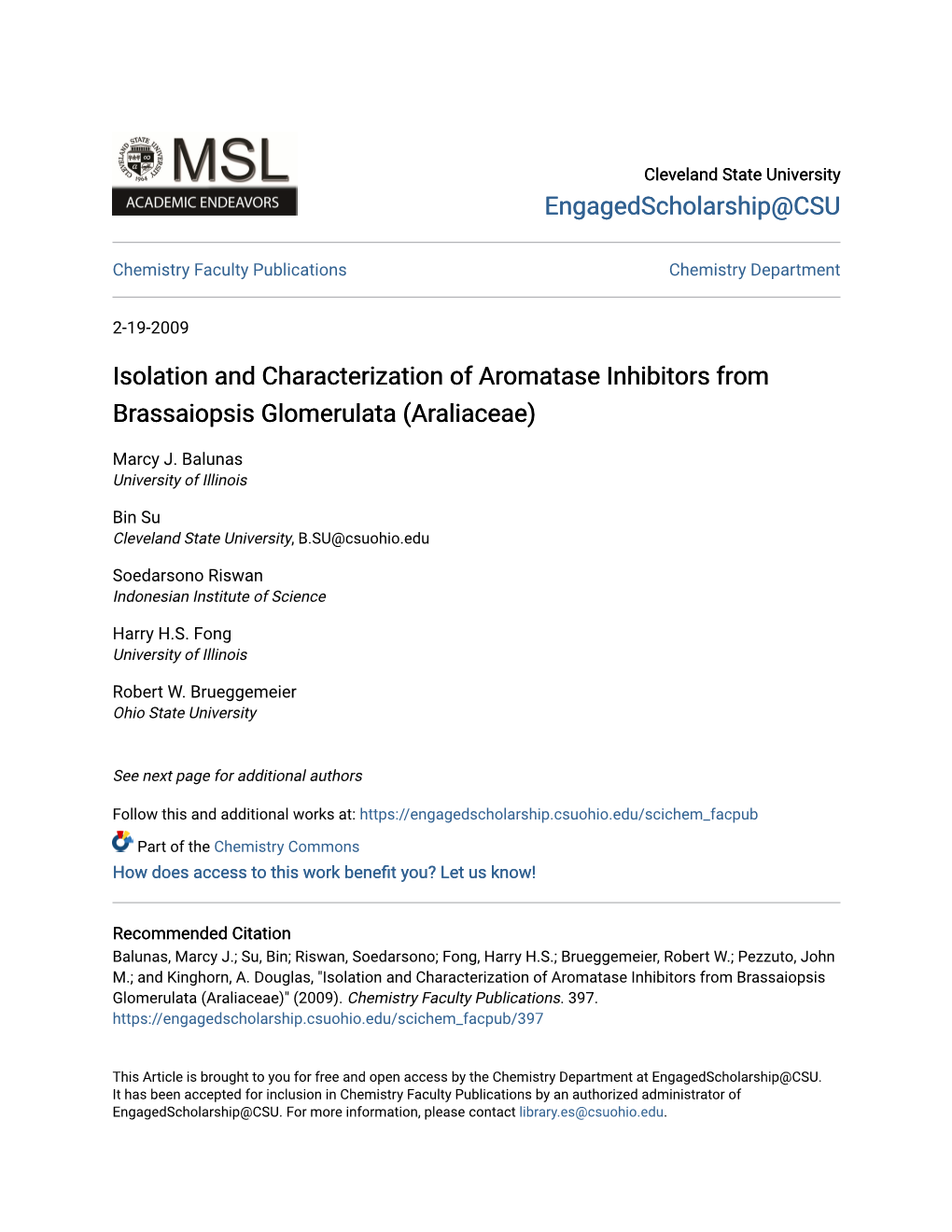 Isolation and Characterization of Aromatase Inhibitors from Brassaiopsis Glomerulata (Araliaceae)