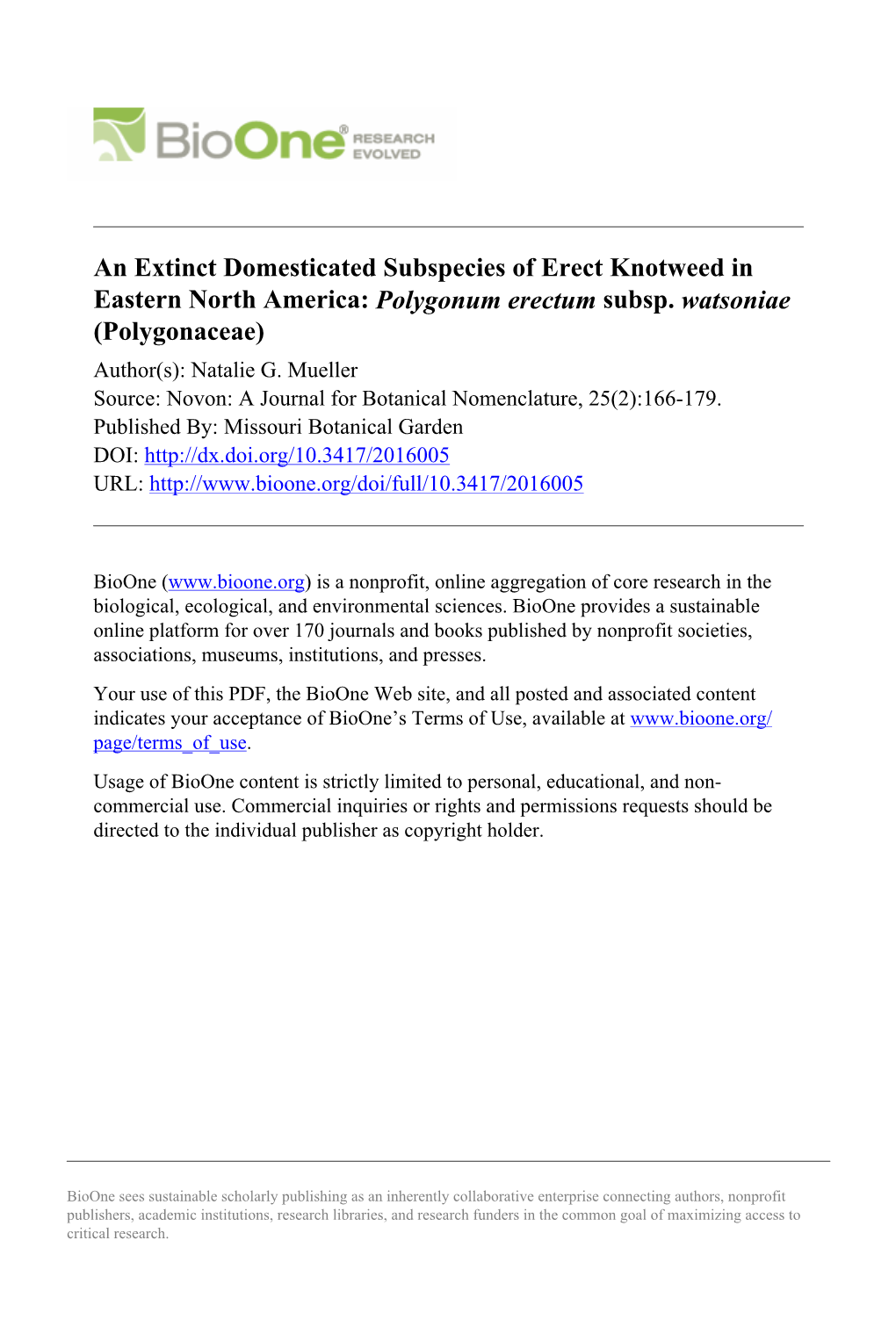 An Extinct Domesticated Subspecies of Erect Knotweed in Eastern North America: Polygonum Erectum Subsp