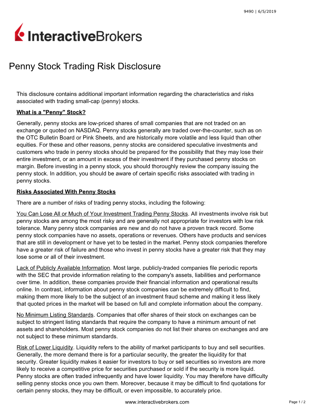 Penny Stock Trading Risk Disclosure