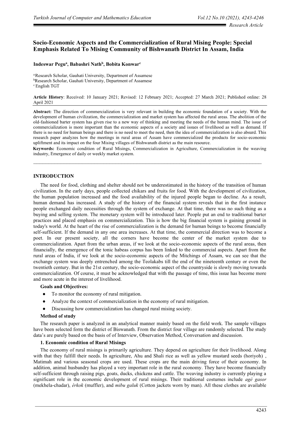 Socio-Economic Aspects and the Commercialization of Rural Mising People: Special Emphasis Related to Mising Community of Bishwanath District in Assam, India