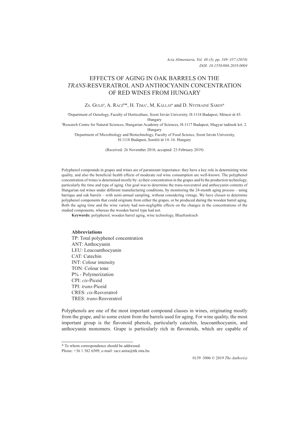 Effects of Aging in Oak Barrels on the Trans-Resveratrol and Anthocyanin Concentration of Red Wines from Hungary