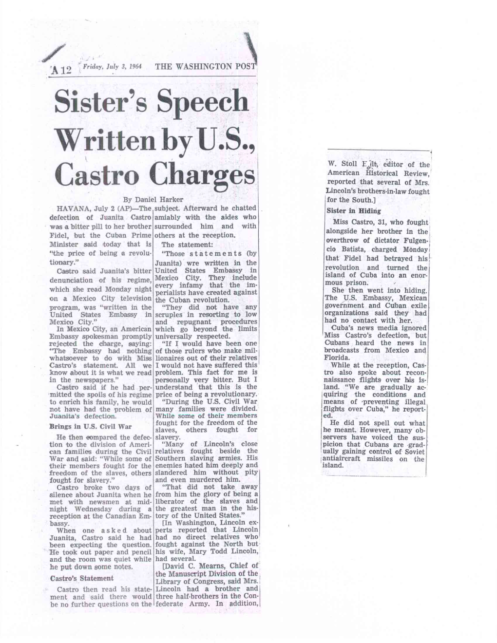 Sister's Speech Written by U.S., Castro Charges