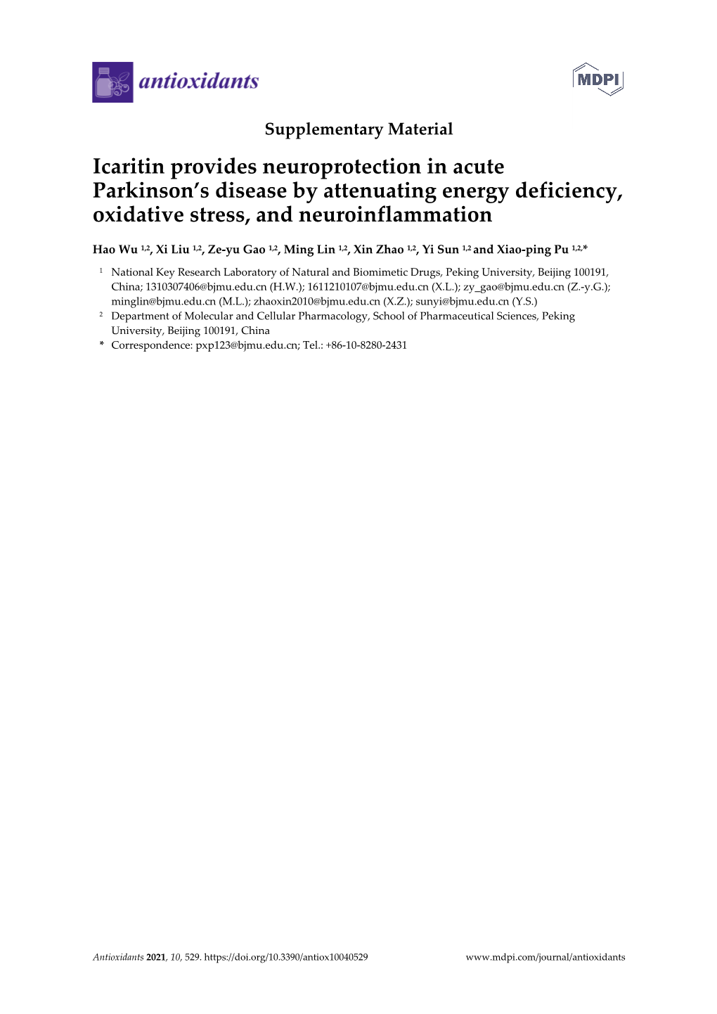 Icaritin Provides Neuroprotection in Acute Parkinson's Disease by Attenuating Energy Deficiency, Oxidative Stress, and Neuroin