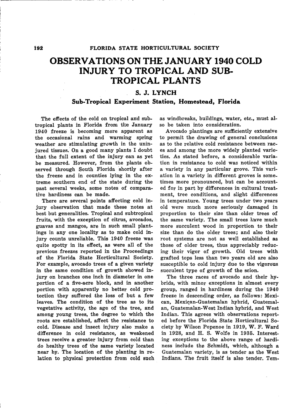 Observations on the January 1940 Cold Injury to Tropical and Sub Tropical Plants