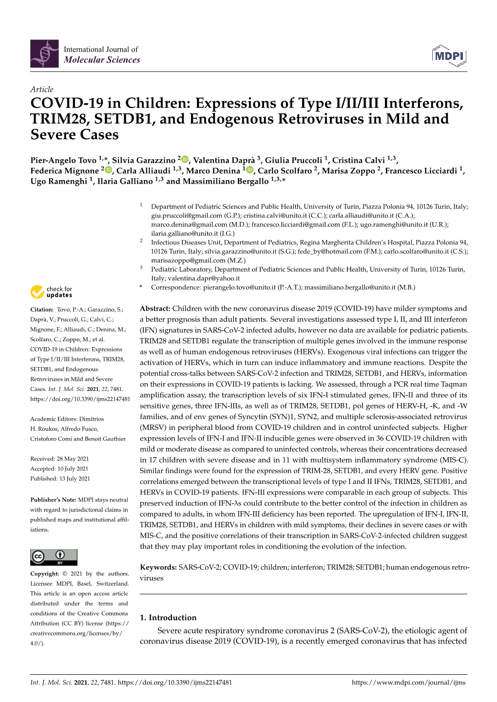 COVID-19 in Children: Expressions of Type I/II/III Interferons, TRIM28, SETDB1, and Endogenous Retroviruses in Mild and Severe Cases