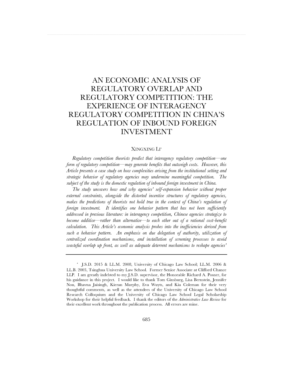 The Experience of Interagency Regulatory Competition in China's Regulation of Inbound Foreign Investment