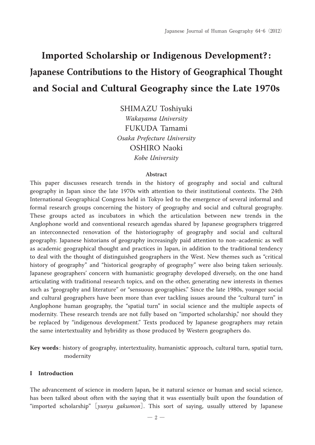 Japanese Contributions to the History of Geographical Thought and Social and Cultural Geography Since the Late 1970S