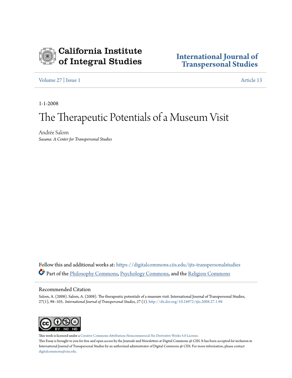 The Therapeutic Potentials of a Museum Visit Andrée Salom Sasana: a Center for Transpersonal Studies