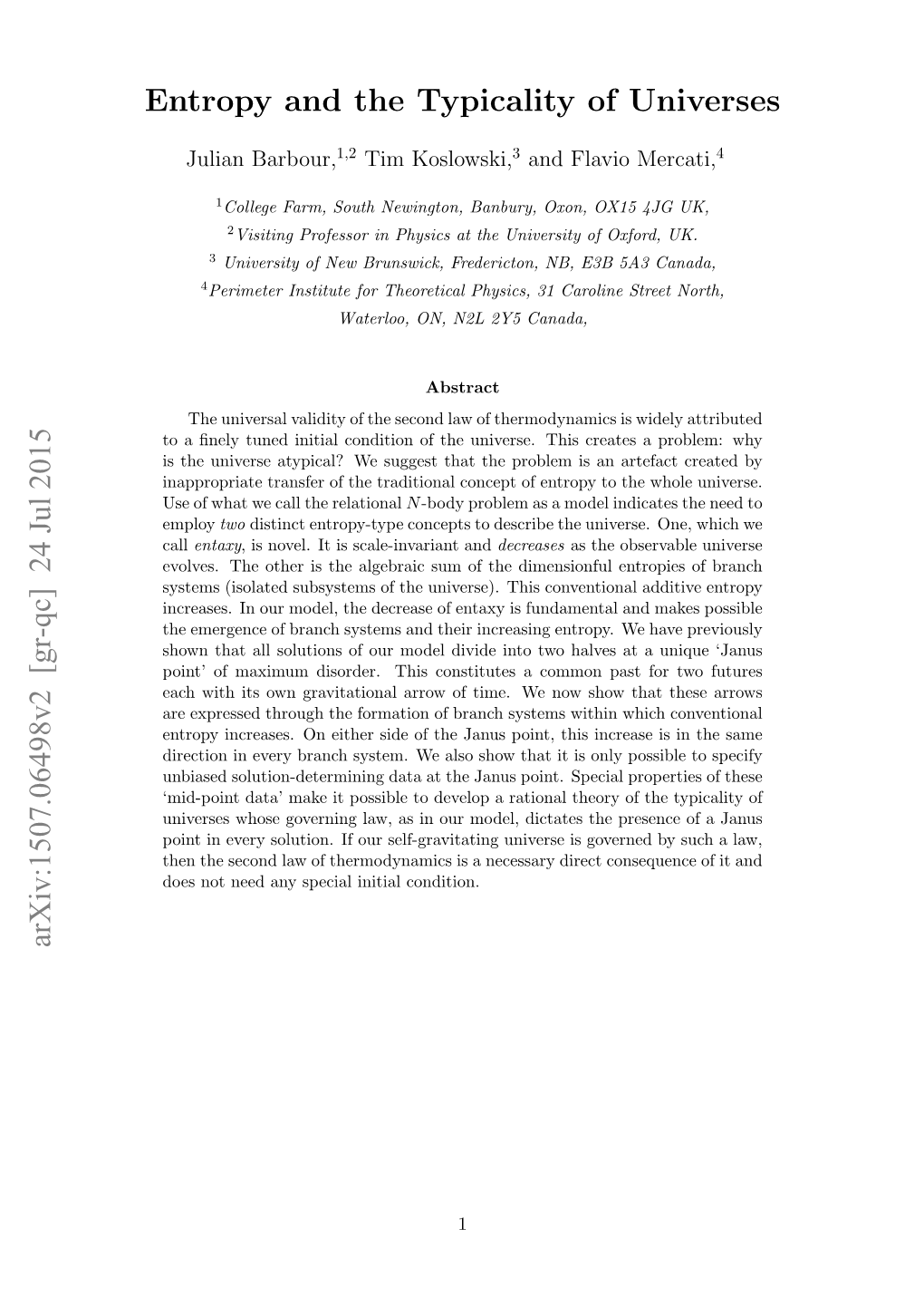 Entropy and the Typicality of Universes Arxiv:1507.06498V2 [Gr-Qc]