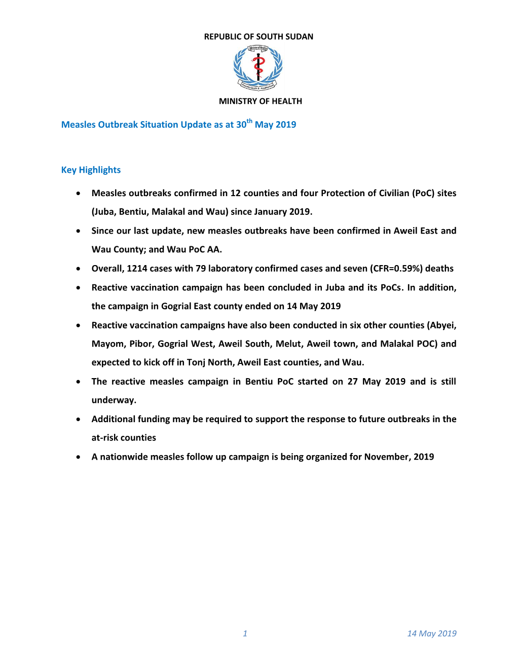 Measles Outbreak Situation Report Issue #6-30Th May, 2019