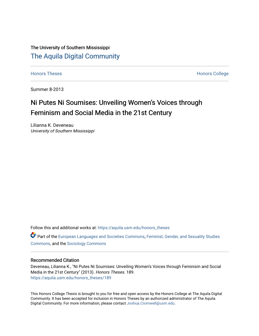 Ni Putes Ni Soumises: Unveiling Women’S Voices Through Feminism and Social Media in the 21St Century