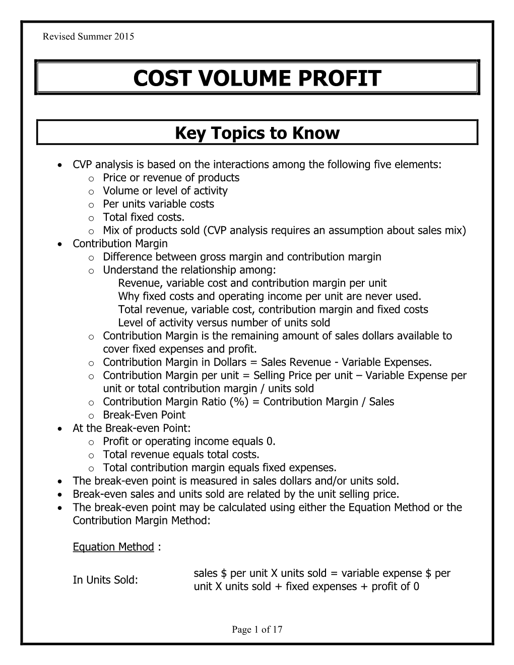 Cost Volume Profit