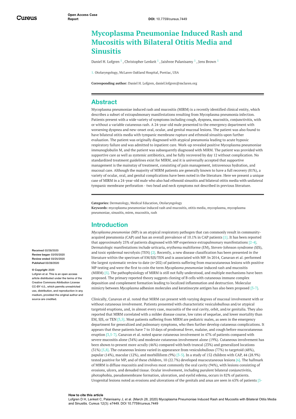 Mycoplasma Pneumoniae Induced Rash and Mucositis with Bilateral Otitis Media and Sinusitis