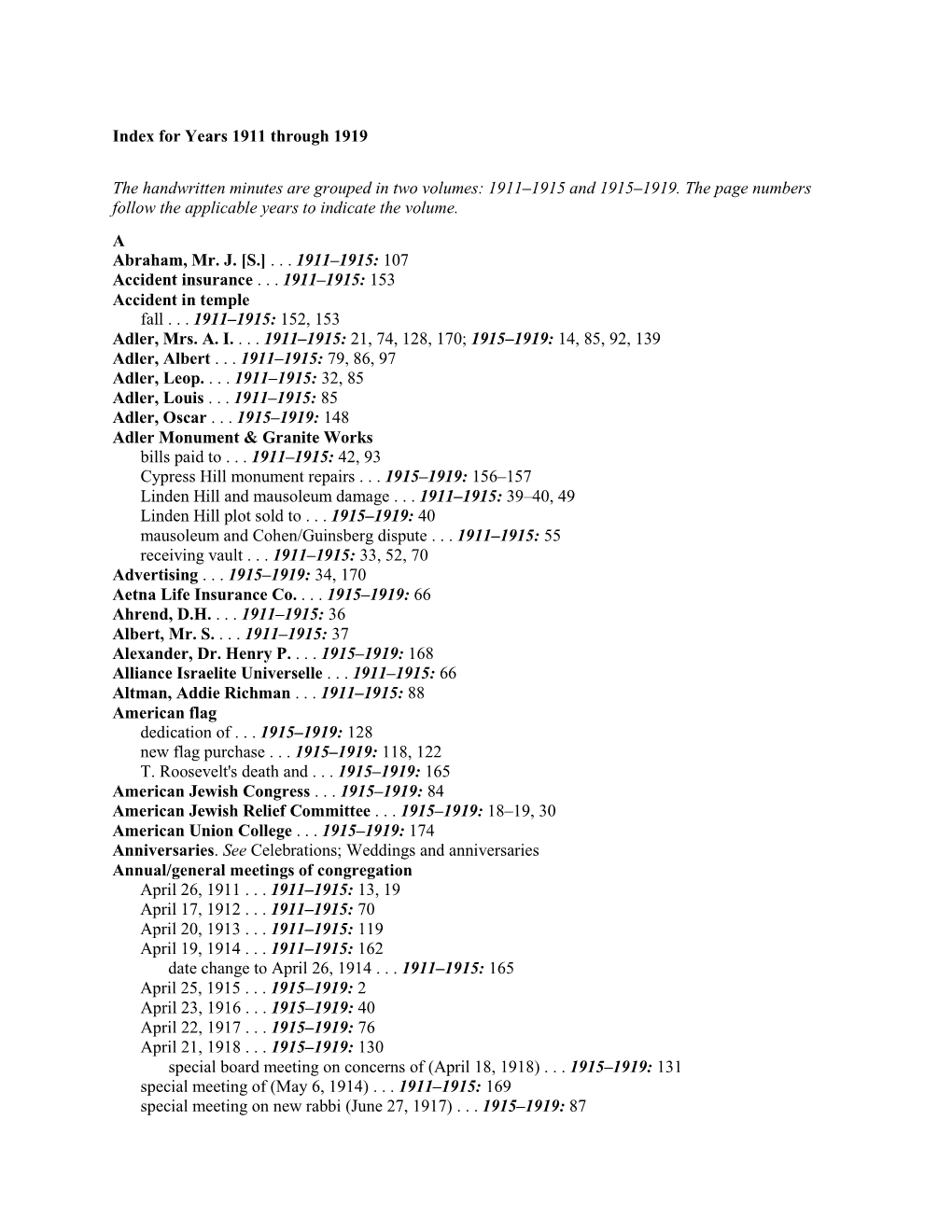 Meeting Minutes Index 1911-1919