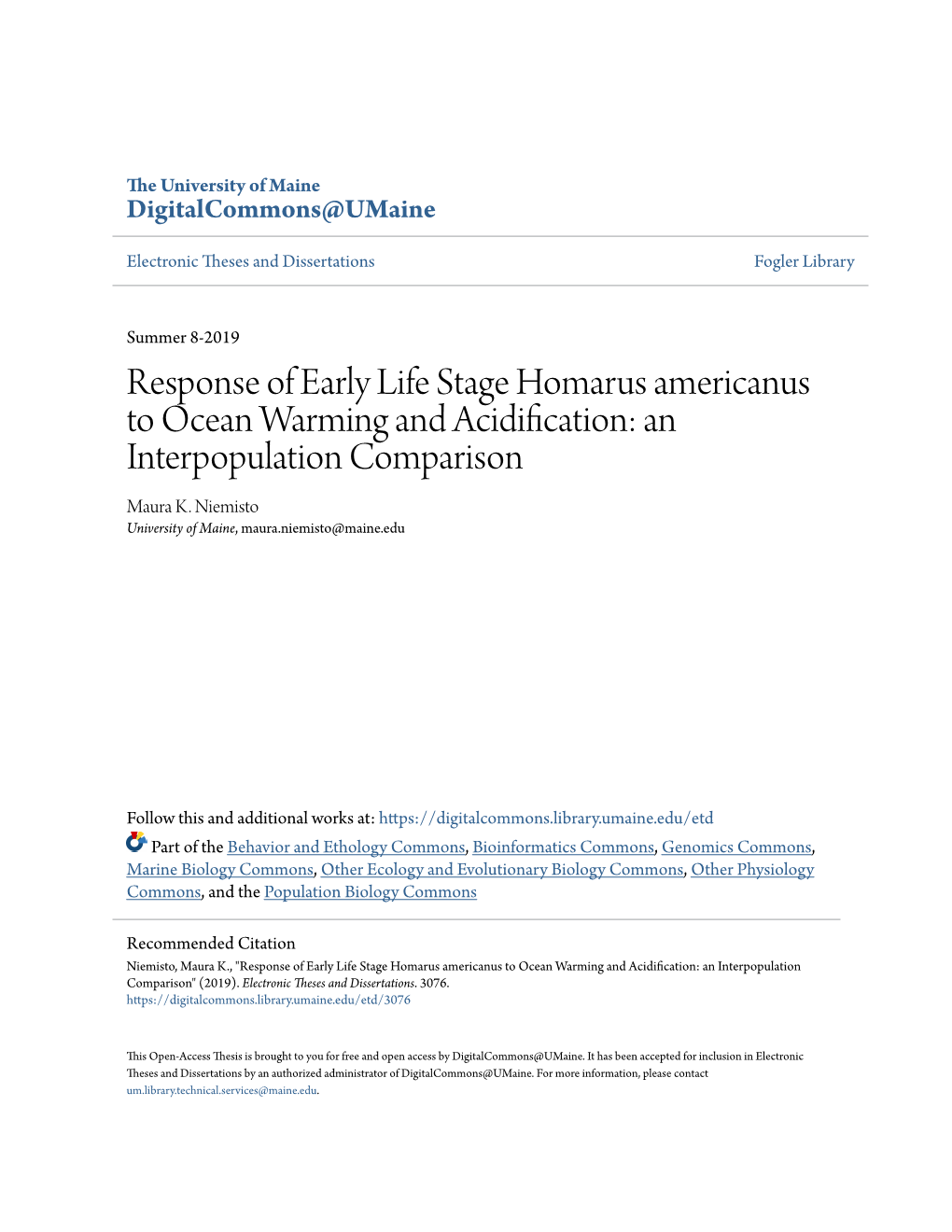 Response of Early Life Stage Homarus Americanus to Ocean Warming and Acidification: an Interpopulation Comparison Maura K