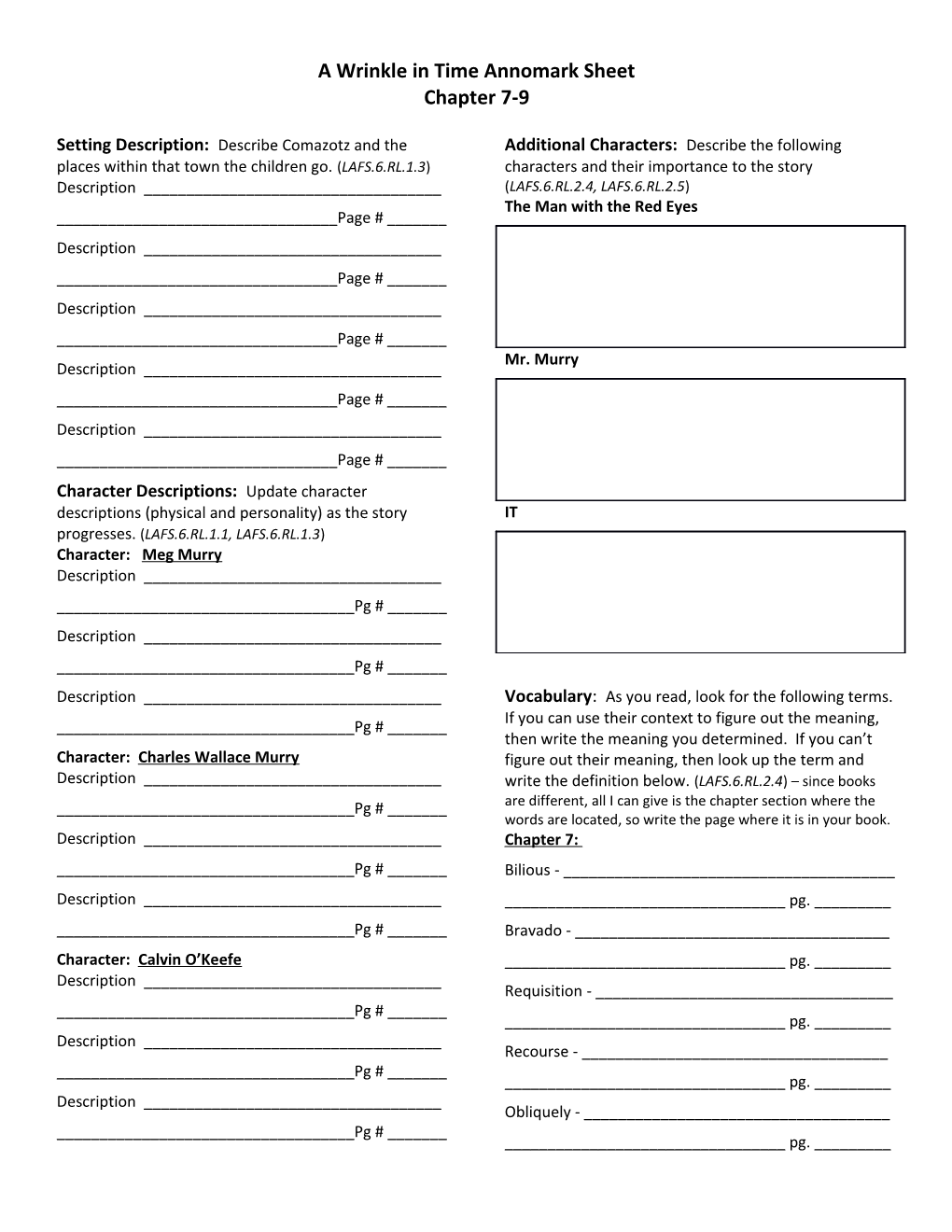 A Wrinkle in Time Annomark Sheet