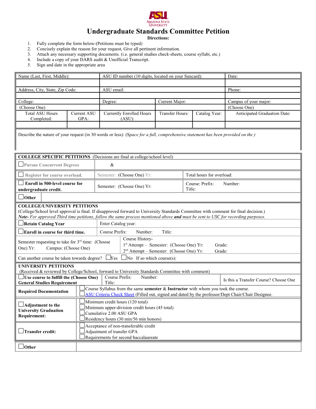 Undergraduate Standards Committee Petition