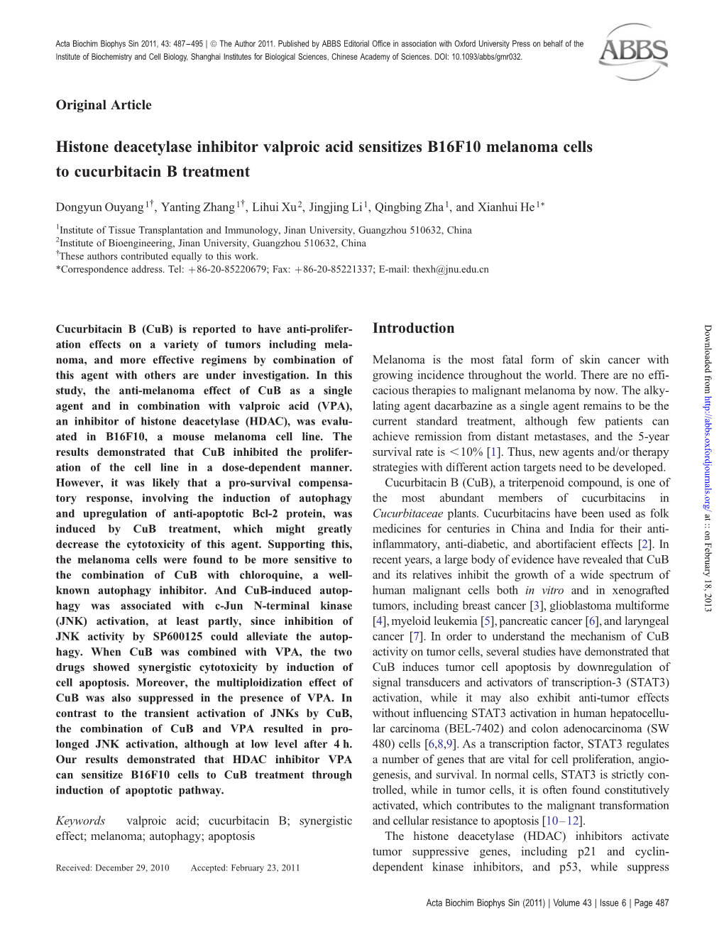 Histone Deacetylase Inhibitor Valproic Acid Sensitizes B16F10 Melanoma Cells to Cucurbitacin B Treatment