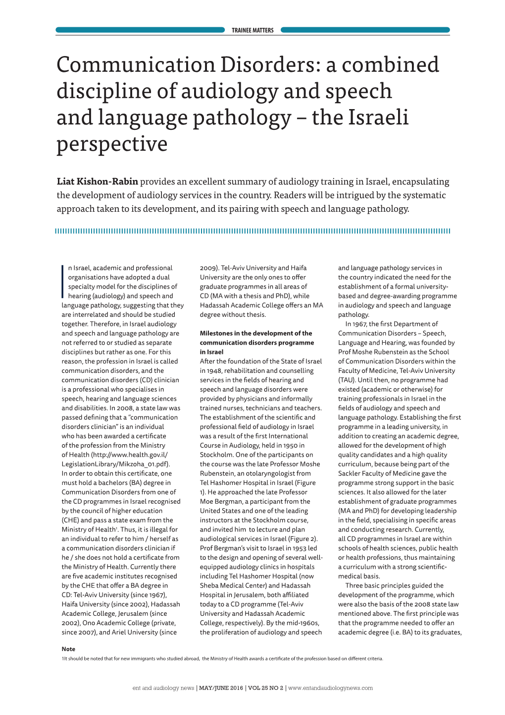 Communication Disorders: a Combined Discipline of Audiology and Speech and Language Pathology – the Israeli Perspective