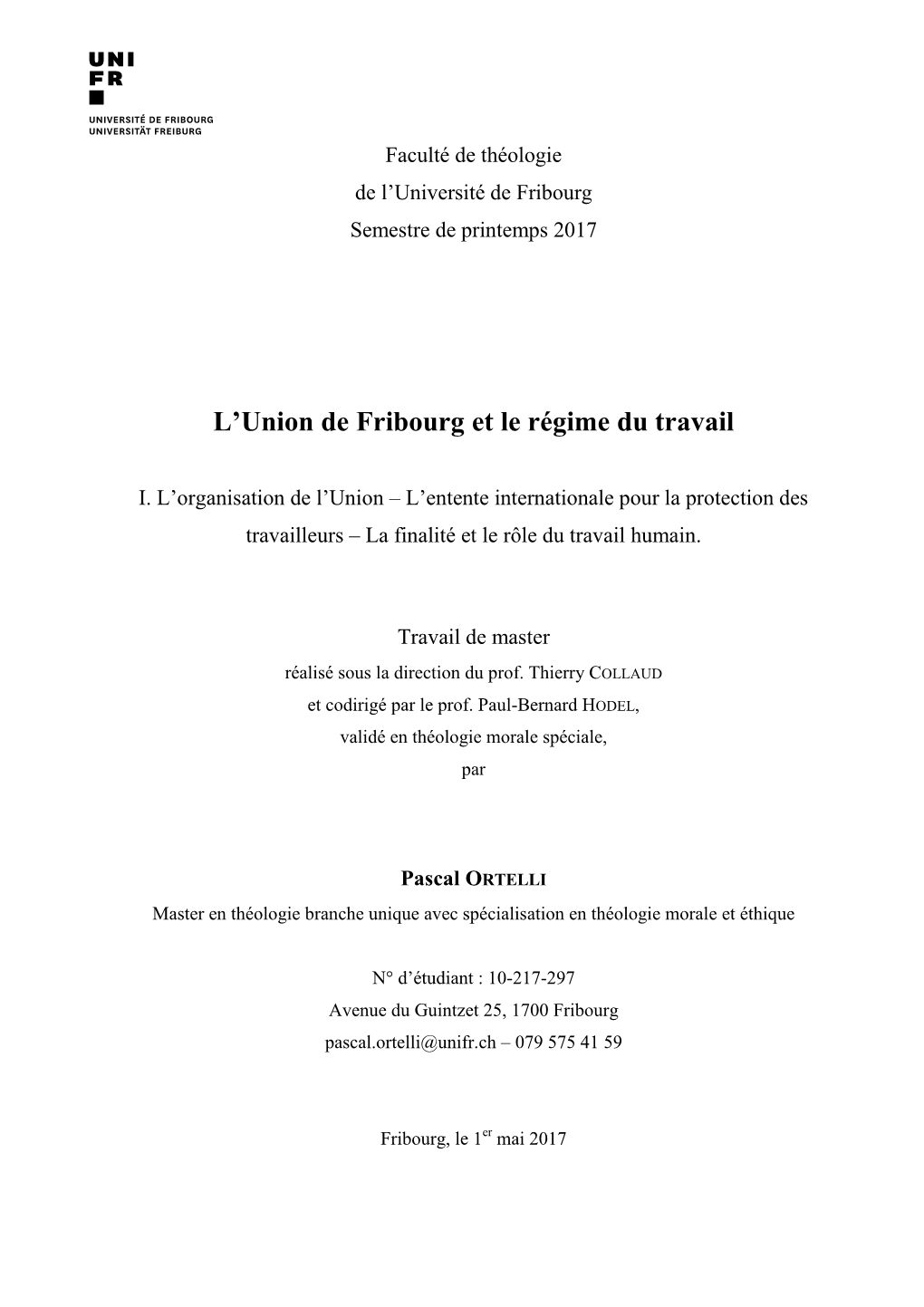 L'union De Fribourg Et Le Régime Du Travail